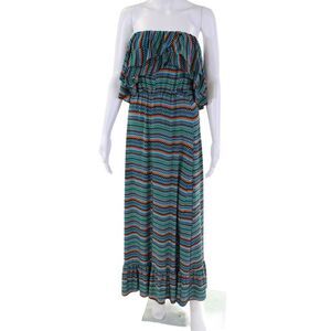 T Bags Los Angeles Womens Strapless Ruffled Printed Maxi Dress Blue Black Small